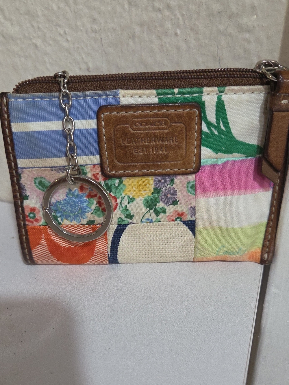 Coach Y2k Hamtons Multicolor Patchwork Coin Case and Brown Leather Trim